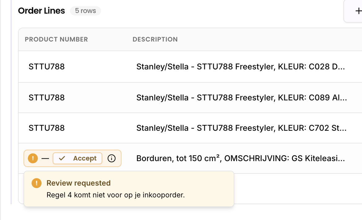 ENTR flags a line that is missing from the purchase order