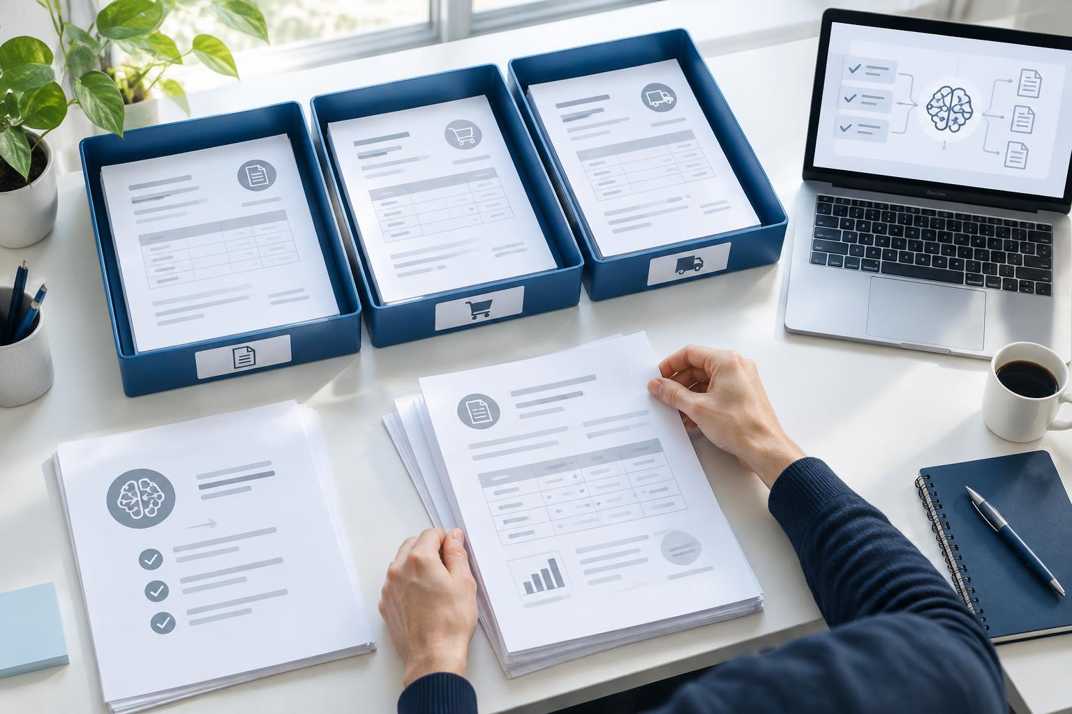 Documenten in drie blauwe sorteerbakken naast een laptop