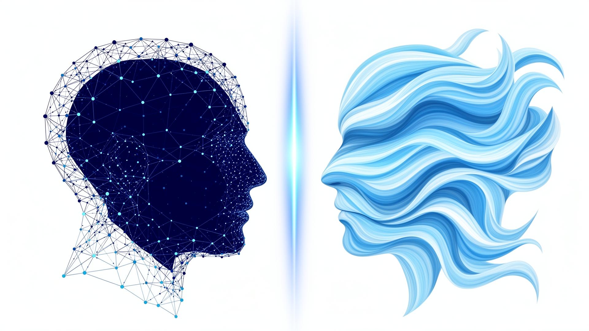 Split-screen illustratie van traditionele AI (geometrisch netwerk van punten) versus generatieve AI (vloeiende organische vormen) in ENTR-blauw