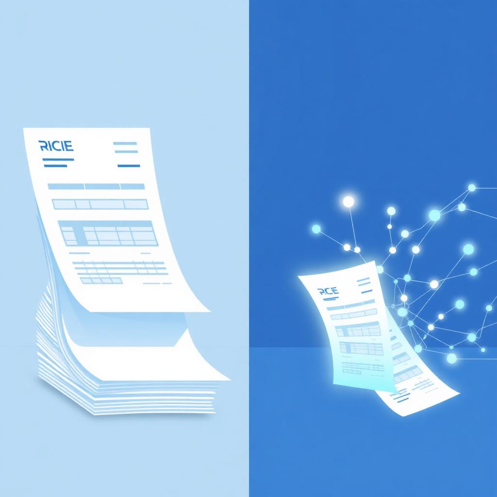 Illustratie van stapel facturen tegenover een AI-netwerk dat facturen leest