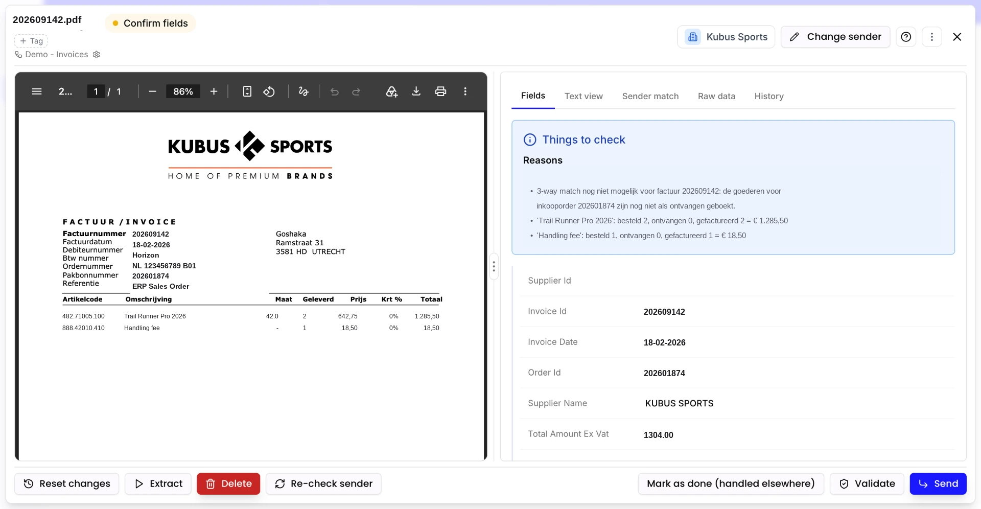 ENTR purchase invoice review screen with three-way matching