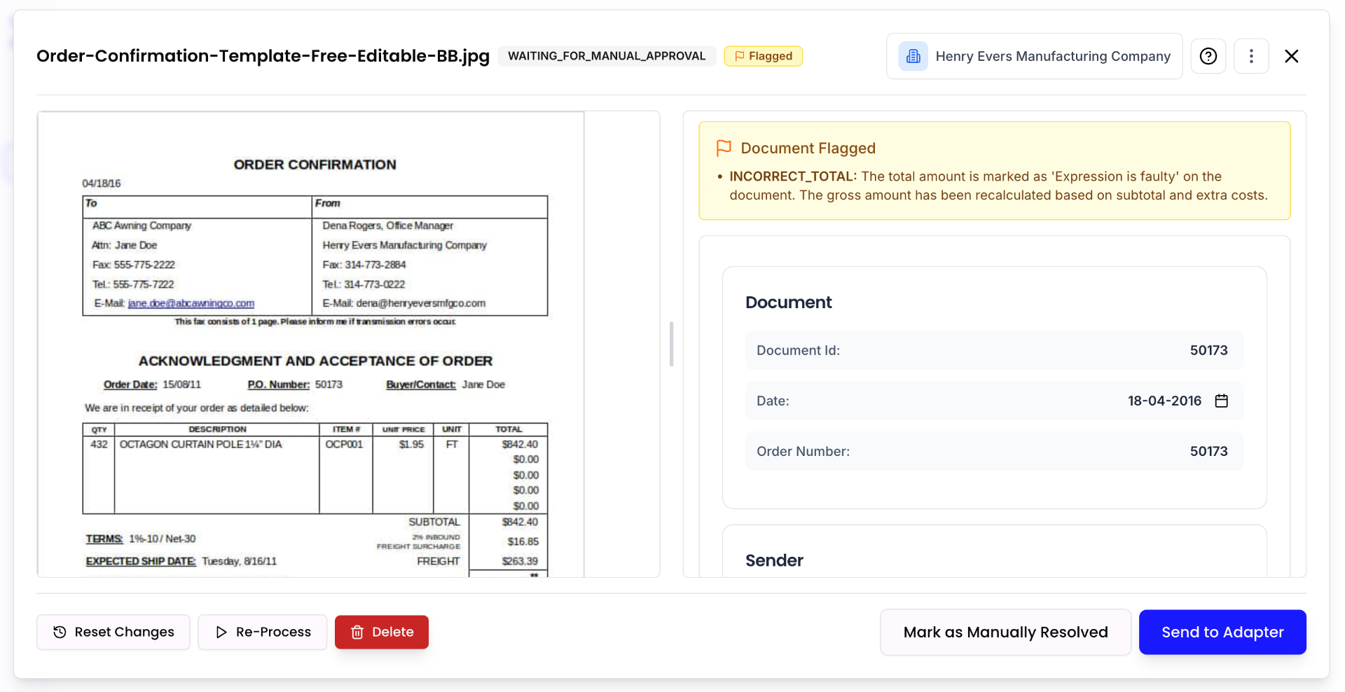 ENTR, gemarkeerde orderbevestiging in review