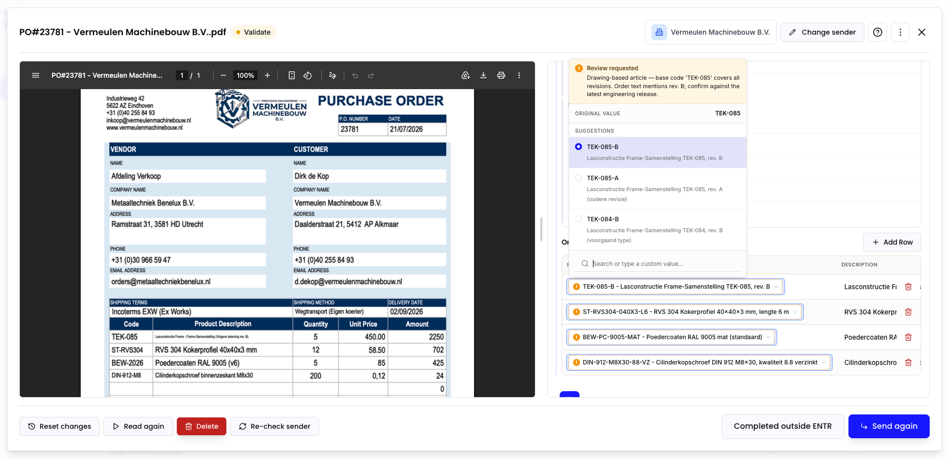 ENTR, AI productherkenning en fuzzy matching op binnenkomende order