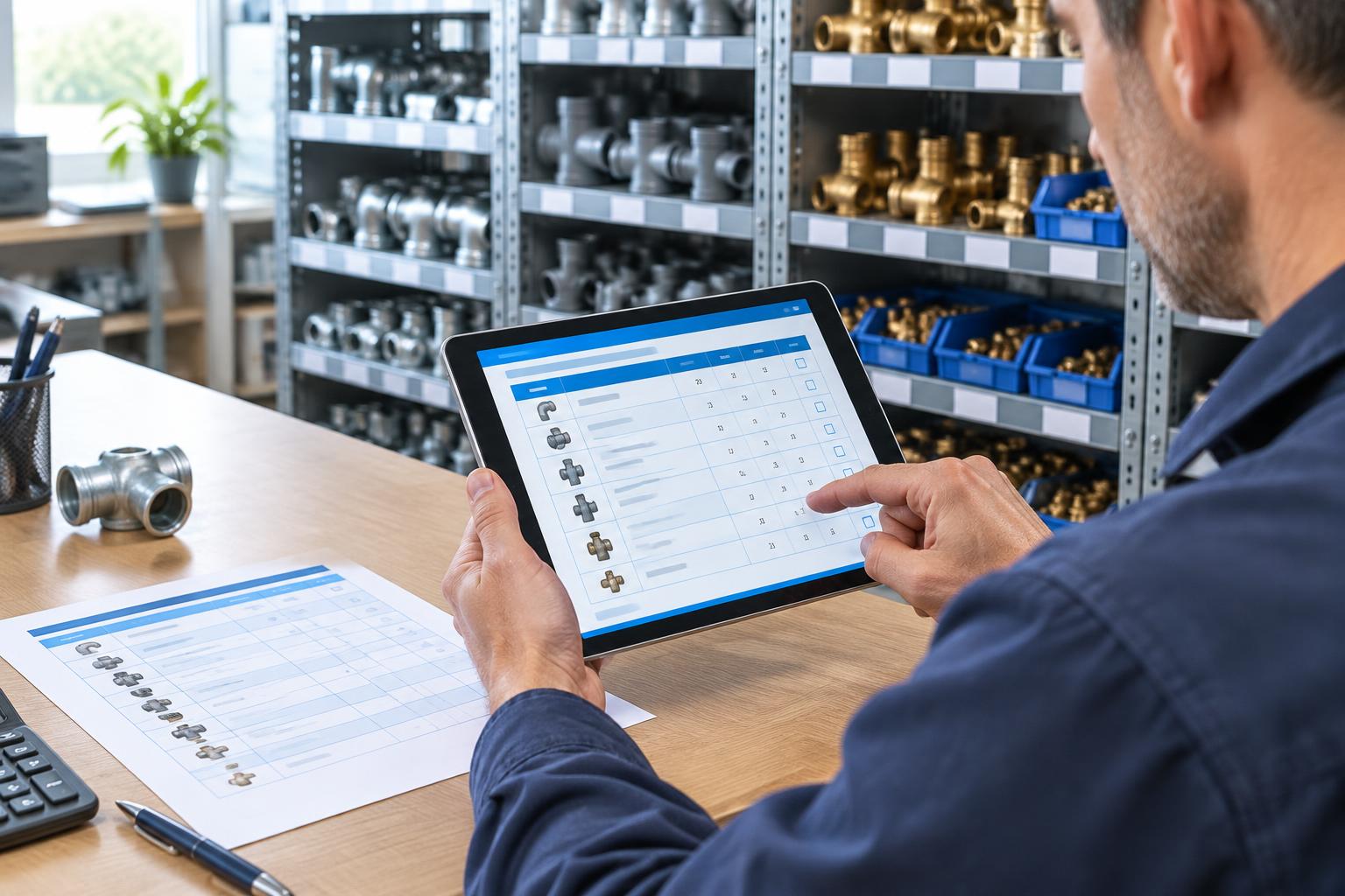 Medewerker controleert een verkooporder op een tablet bij een onderdelenmagazijn