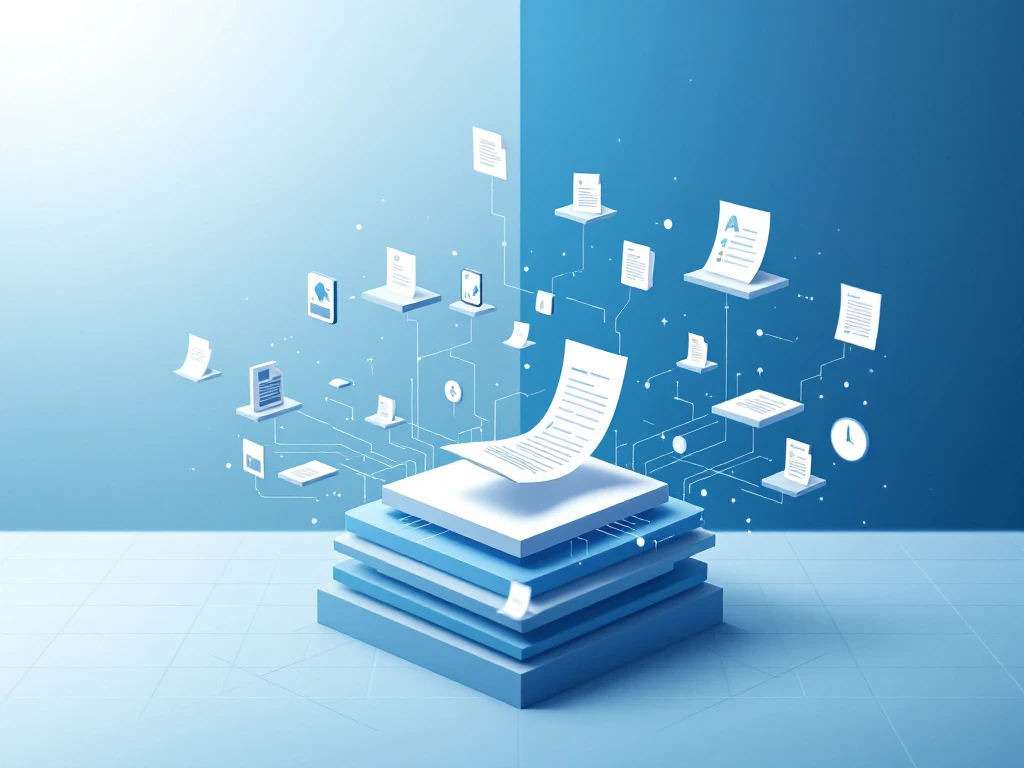 Geometrische documentpictogrammen die transformeren van papier naar digitale AI-verwerking met verbonden nodes en datastromen