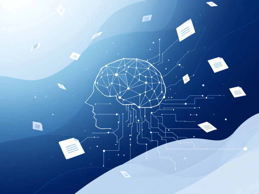 AI-brein icoon met verbonden knooppunten omringd door zwevende documenten in wit en blauw tegen gradiënt achtergrond