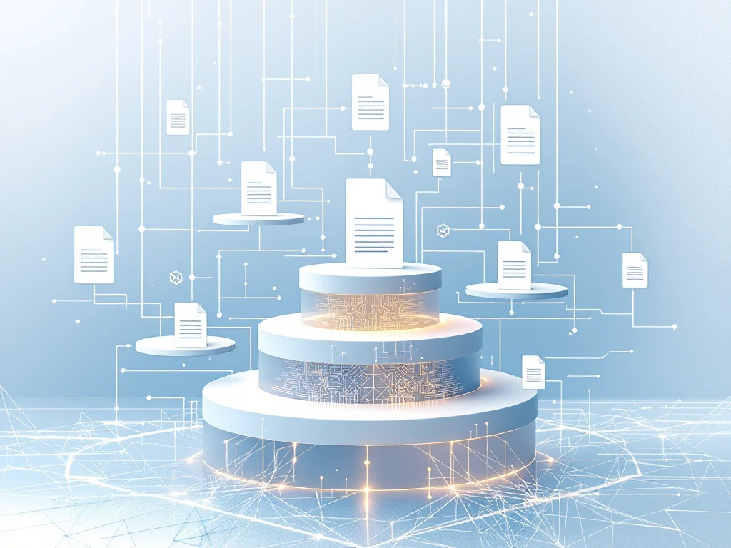 Geometrische documenten met AI-circuits en workflow-pijlen in minimalistische witte en blauwe compositie voor automatisering