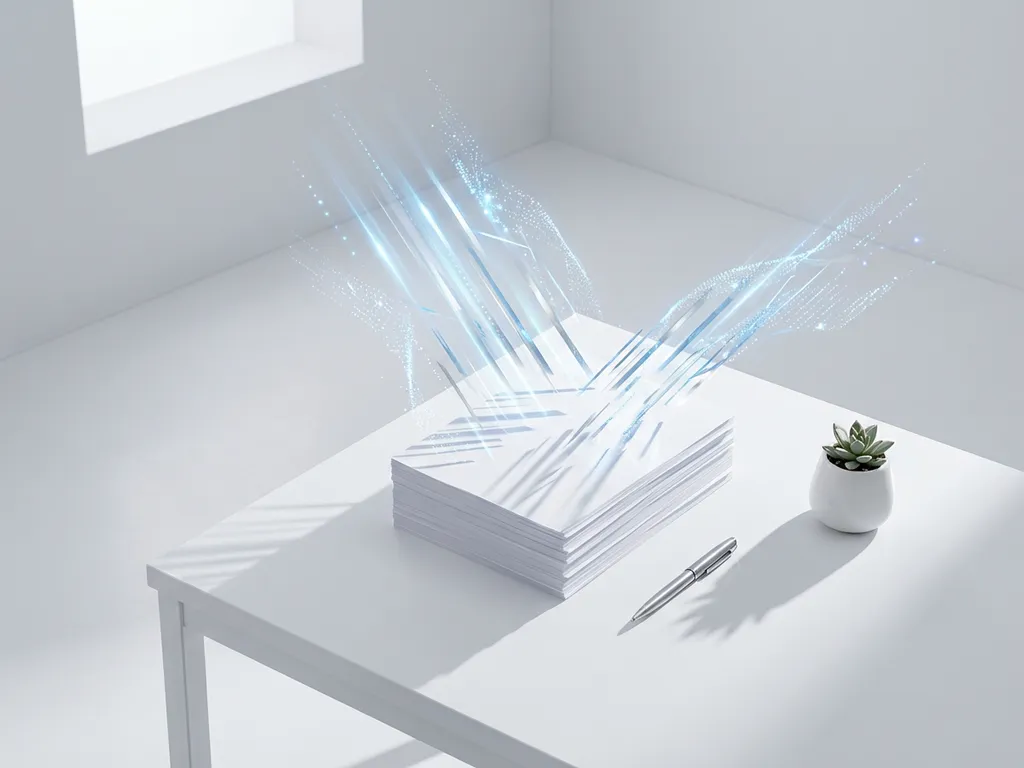 Witte bureau met stapel documenten die transformeren in digitale datastromen met blauwe lichtstralen, bovenaanzicht