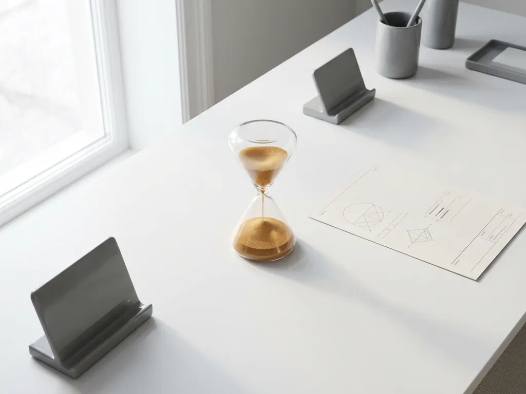 Elegante zandloper met witte zand op minimalistisch bureau naast geometrische orderformulieren in modern kantoor